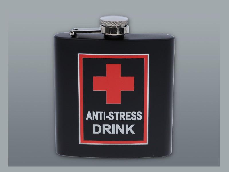 Matt fekete színű rozsdamentes acél flaska, laposüveg 6 oz. = 1.77 dl - Anti Stress Drink felirattal
